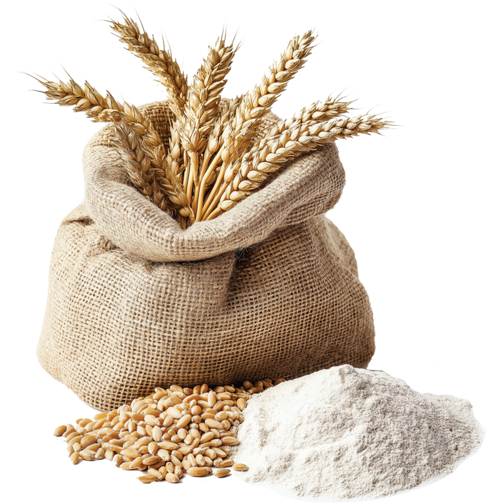 Wheat rye barley oat seeds isolated, Wheat seed and flour in small burlap sack illustration, oats image png