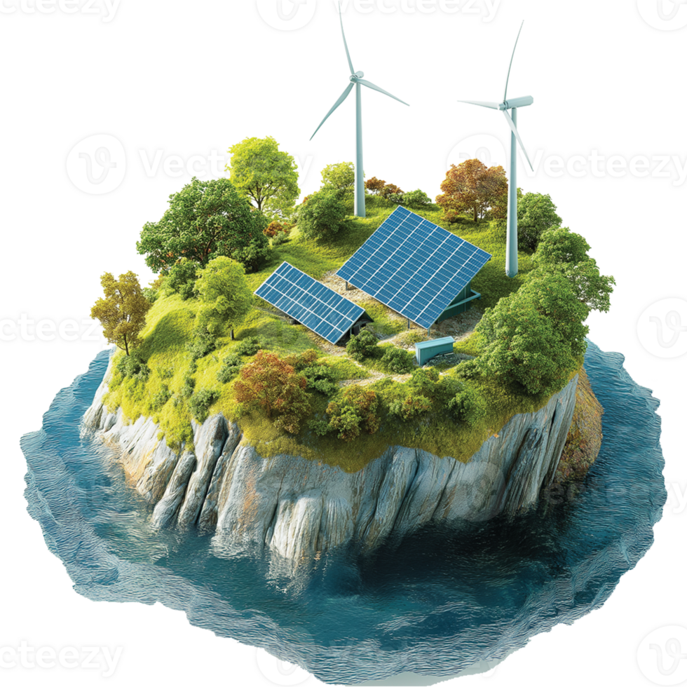 Green Island with Solar Panels and Wind Turbines Illustration png
