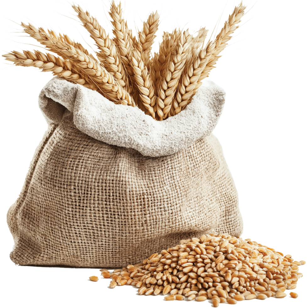 Wheat rye barley oat seeds isolated, Wheat seed and flour in small burlap sack illustration png
