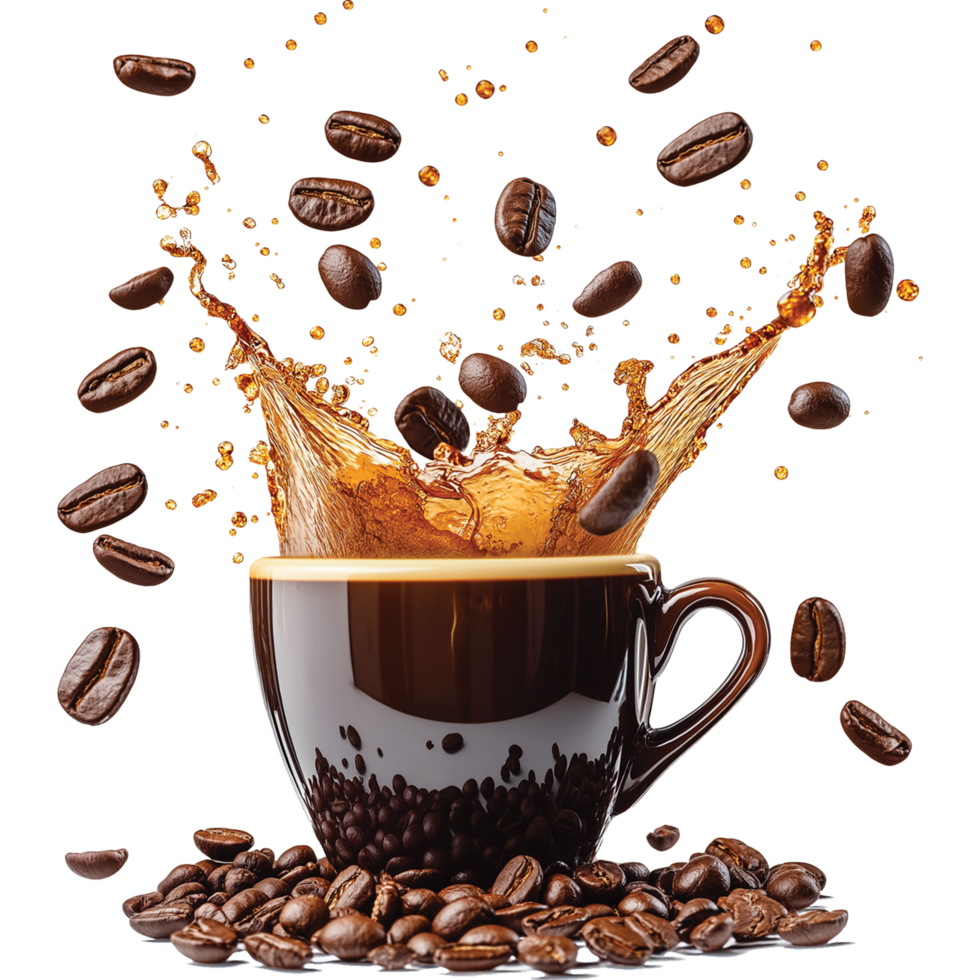 Isolated Coffee Bean with a Fresh Cup of Coffee png