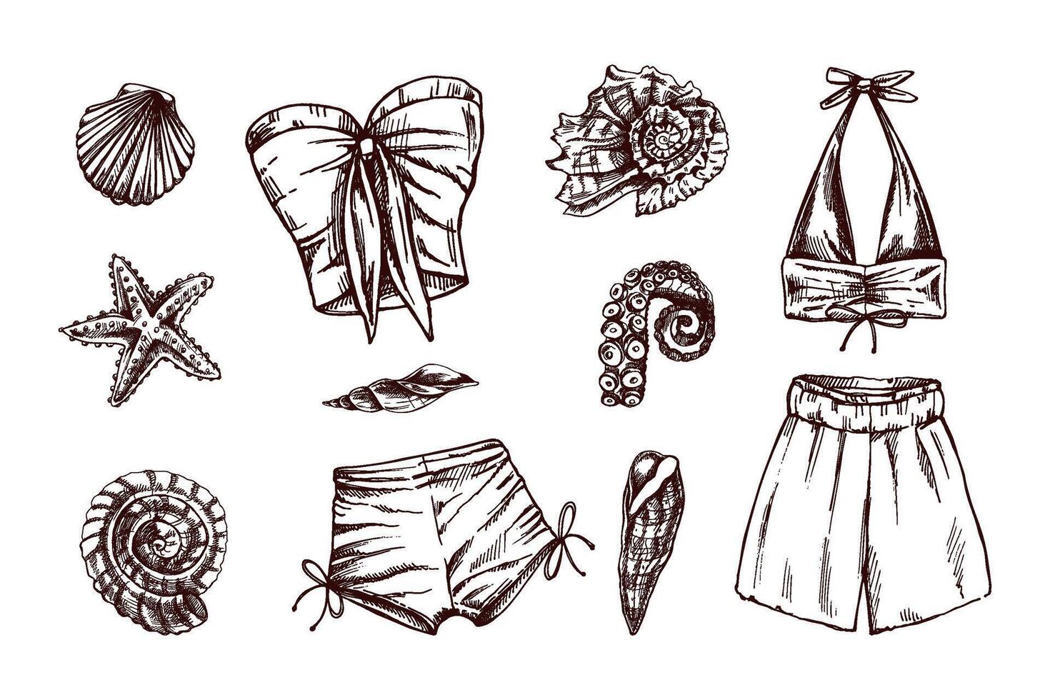Hand drawn monochrome sketch of summer beachwear set with marine elements vector