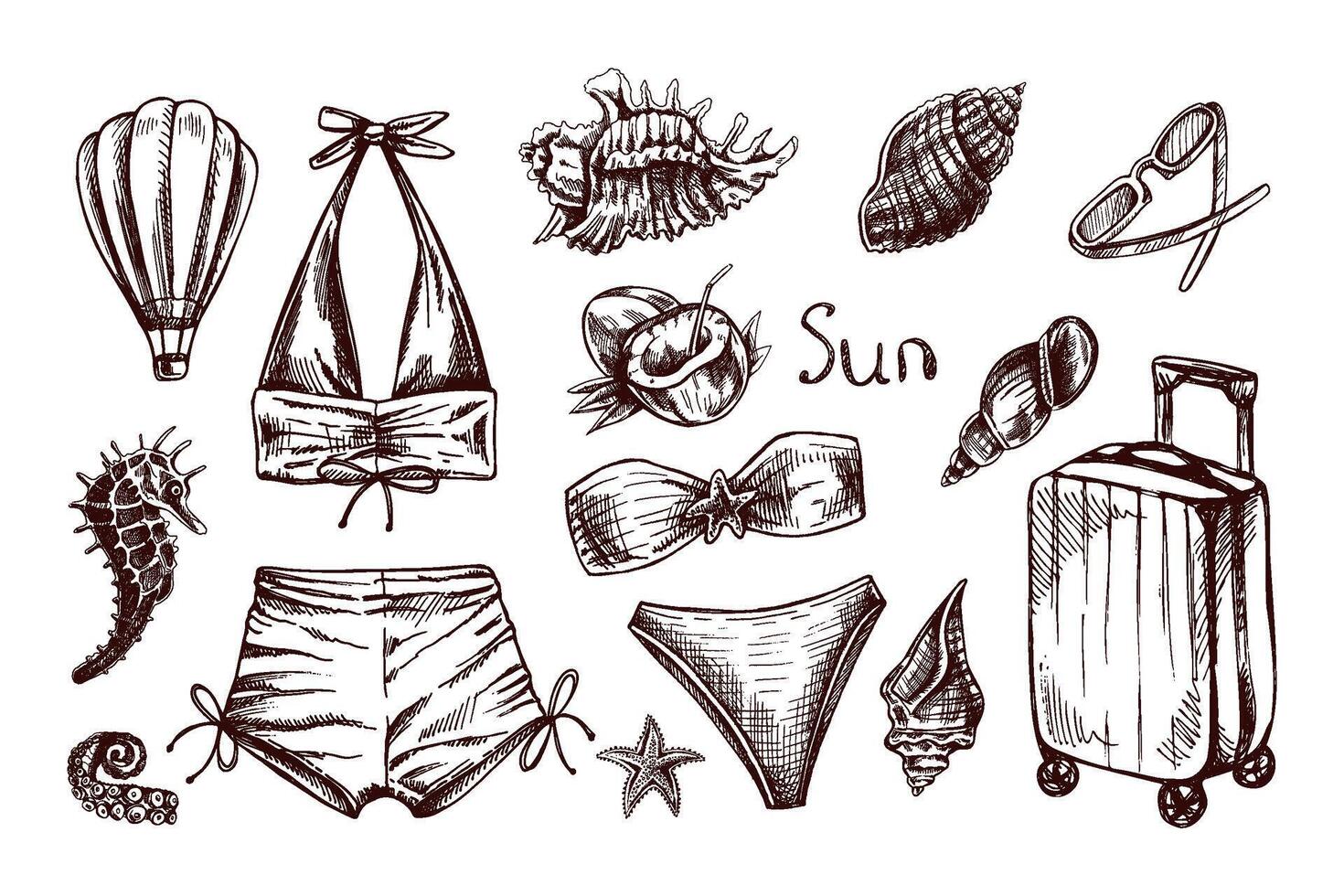 Hand drawn monochrome sketch of summer beachwear and travel elements set vector