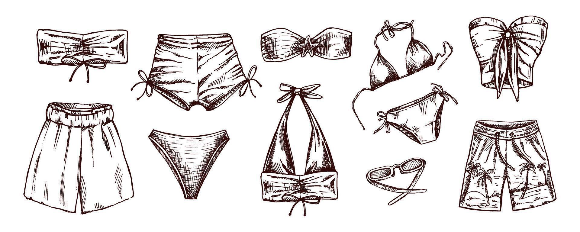 Hand drawn monochrome sketch of summer beachwear set with bikinis and shorts vector