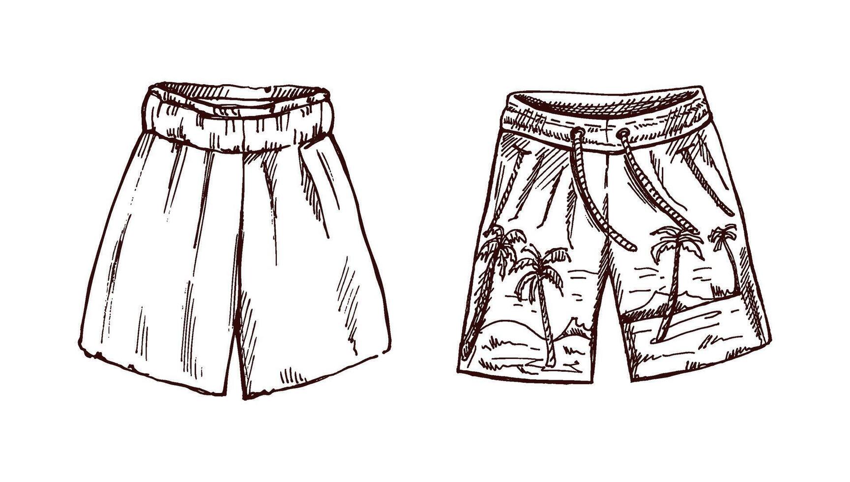 Hand drawn monochrome sketch of beach shorts with tropical pattern vector