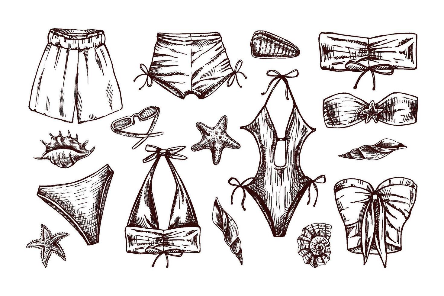 Hand drawn monochrome sketch of summer swimwear set with seashells vector