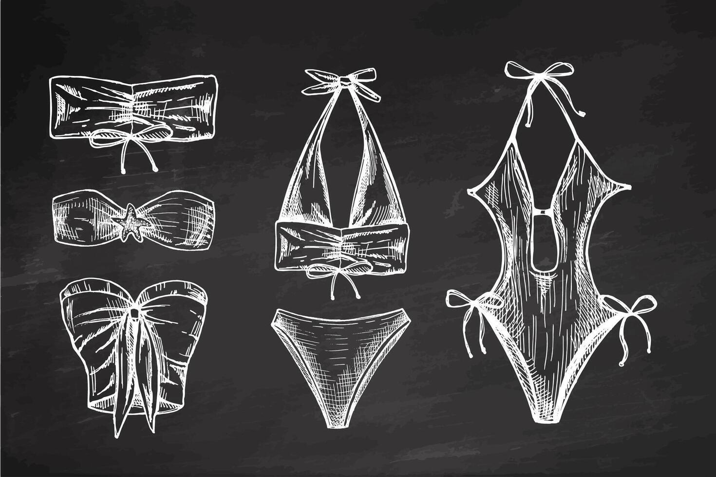 Hand drawn monochrome swimwear collection with bikinis and swimsuits on chalkboard background vector