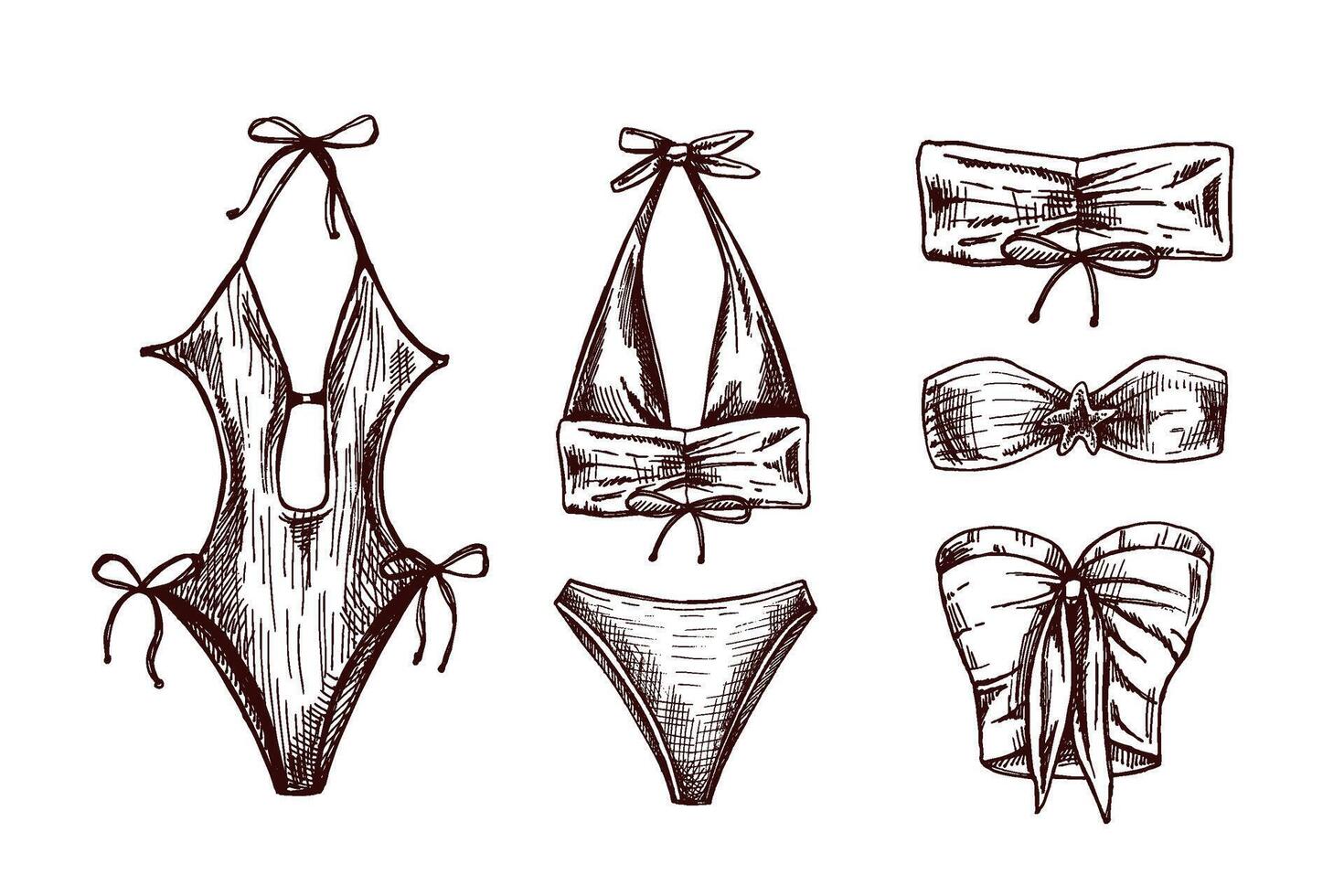 Hand drawn monochrome sketch of stylish summer swimwear collection with bikinis and one-piece vector