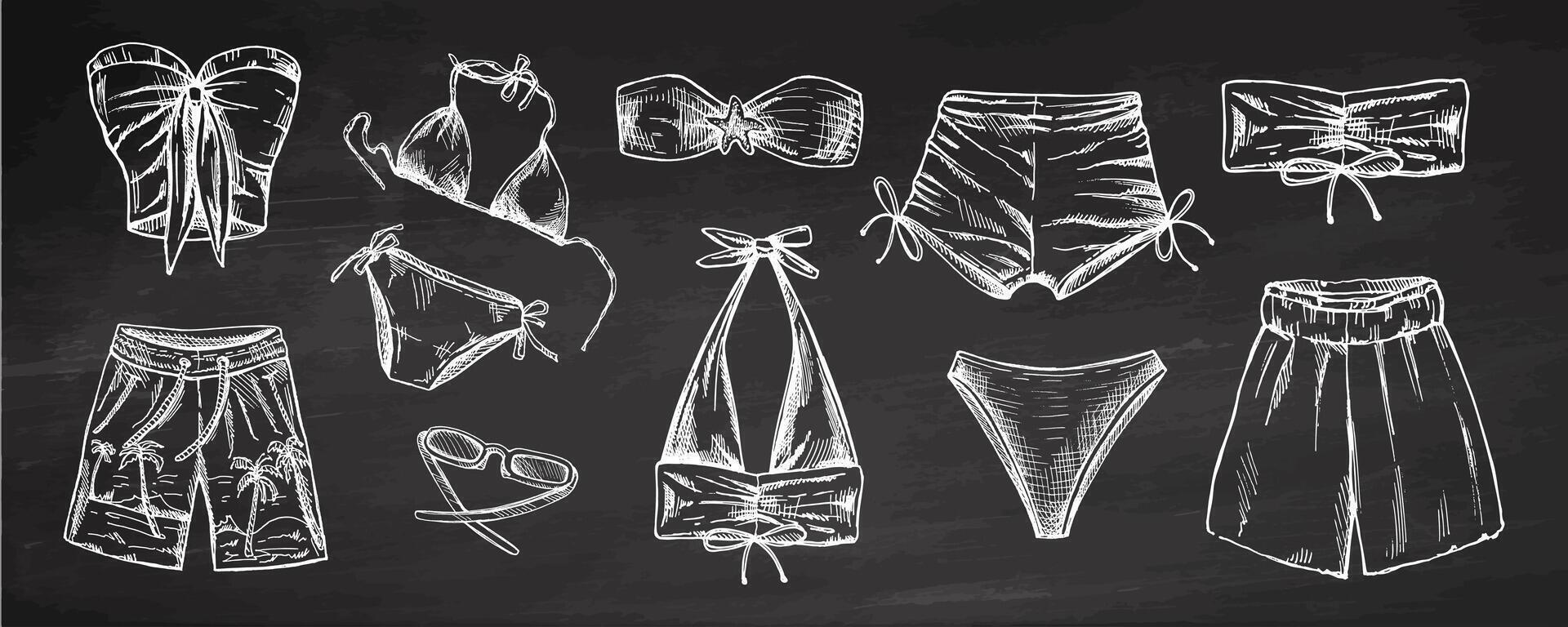 Hand drawn monochrome swimwear set with bikinis and accessories on chalkboard background vector