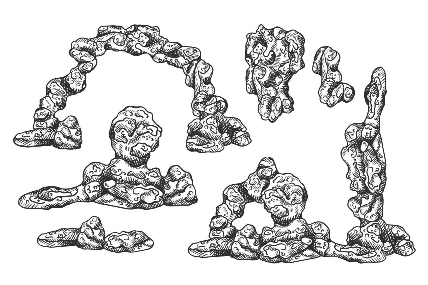 Large underwater rock mountain with seaweed and coral reef. Tropical underwater element of natural world, compositions, prints. Hand drawn textured sketch in black and white on isolated background vector