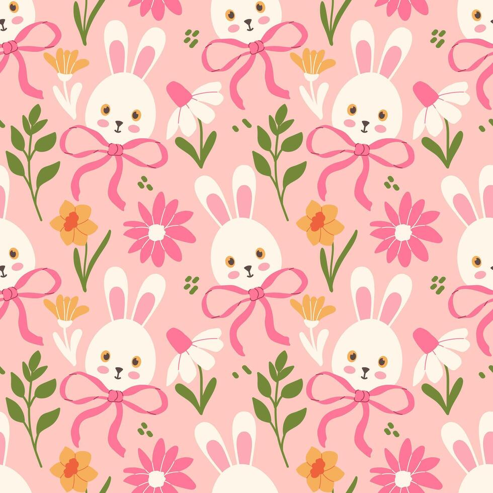 Seamless spring pattern with cute bunnies with bows and flowers vector