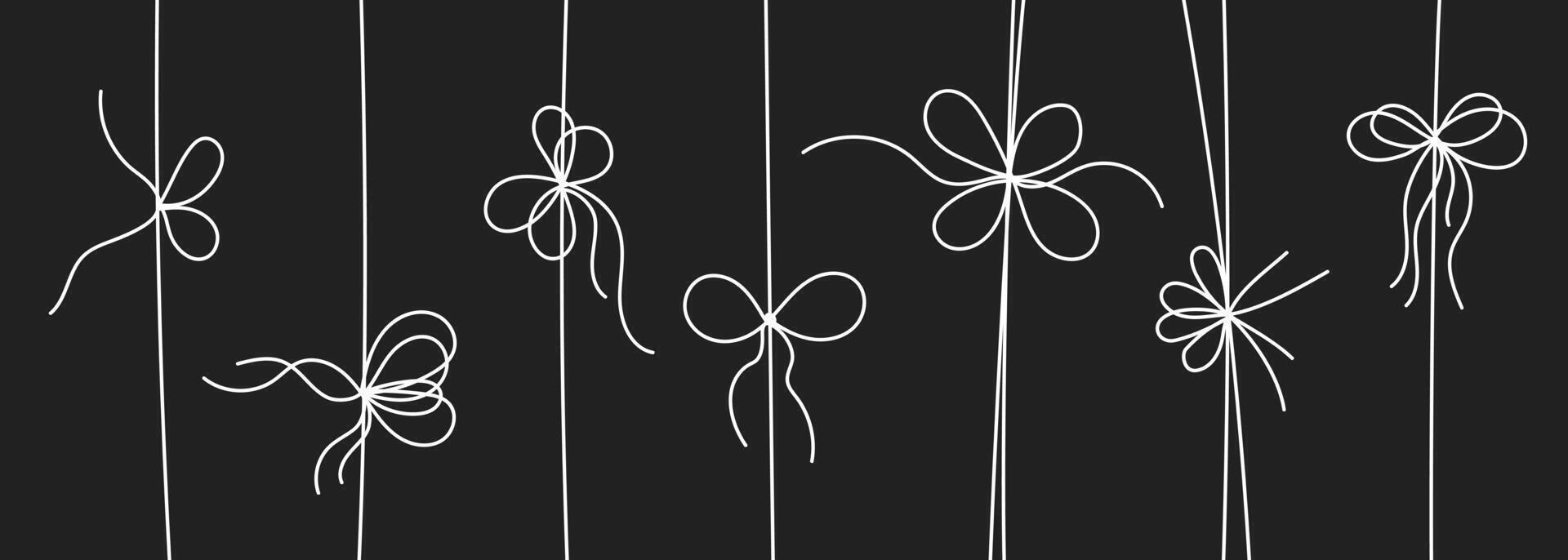 White line style gift ribbon bows set isolated on black color background. vector