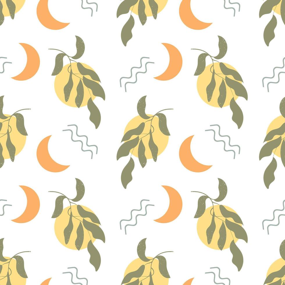 Seamless pattern in boho style, moon, sun, waves and branches with leaves. Vintage texture, background, textile vector