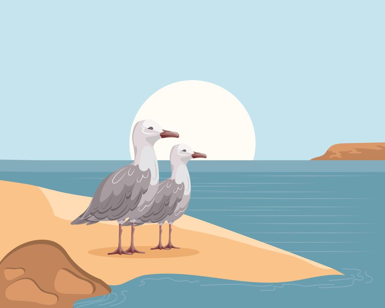 Summer landscape. Cute seagulls on a sandy shore against the backdrop of a seascape. Summer illustration vector