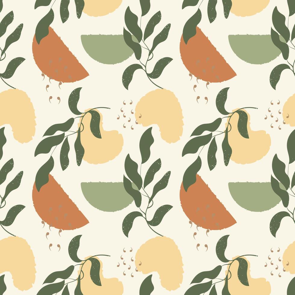 Seamless pattern in boho style, branches with leaves and abstract spots of pastel colors. Vintage texture, background vector