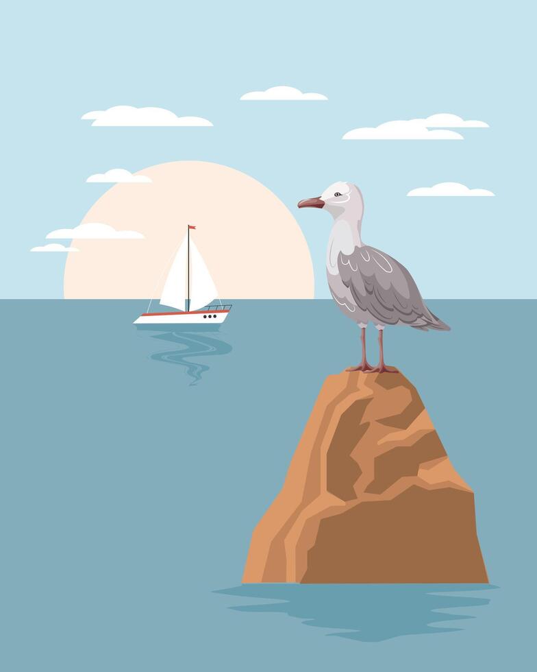 Summer landscape. Cute seagull on a rock against the backdrop of a seascape. Summer illustration, clip art, print vector