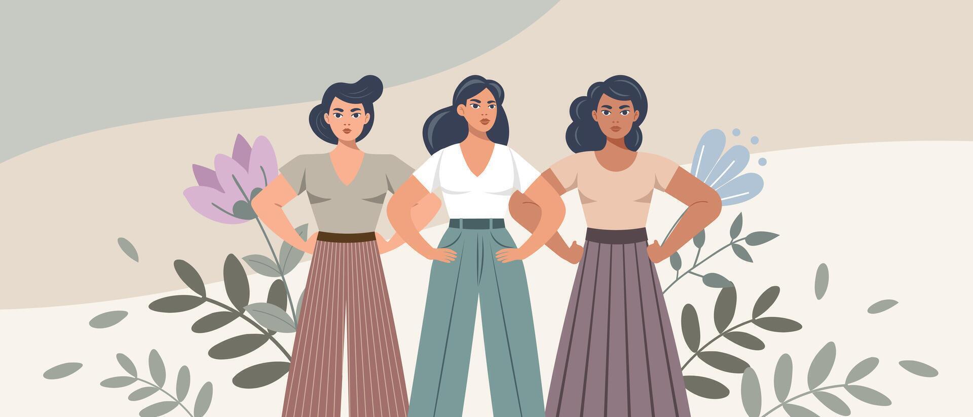 Confident women on floral background. Feminism and equality concept. Flat illustration. vector
