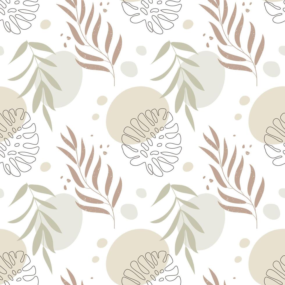 Seamless pattern in boho style, branches with leaves and abstract spots of pastel colors. Vintage texture, print, background vector