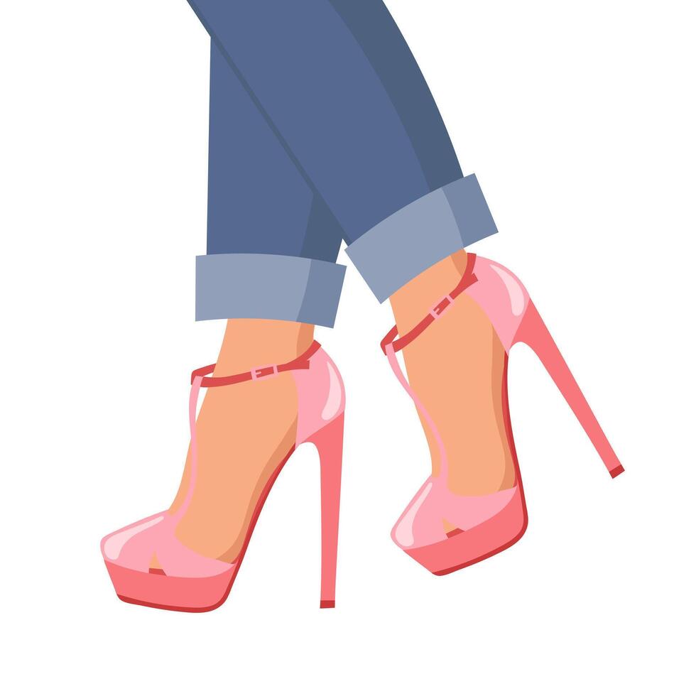 Female legs in pink high heel shoes and blue jeans. Fashion design. Flat illustration vector