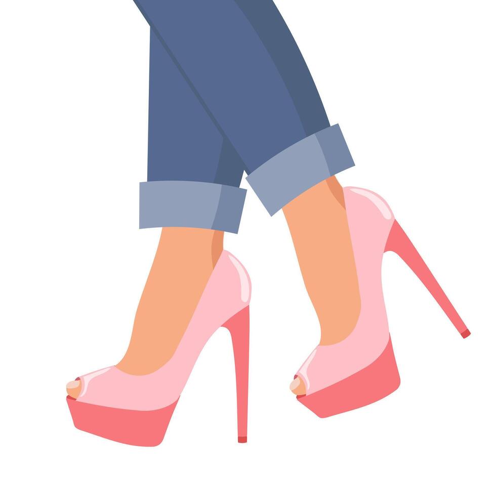 Female legs in pink high heel shoes and blue jeans. Fashion design. vector