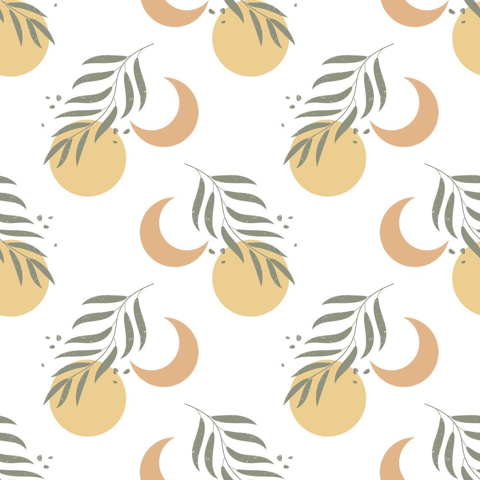Seamless pattern in boho style, moon, sun, waves and branches with leaves. Vintage texture, print, background, textile vector