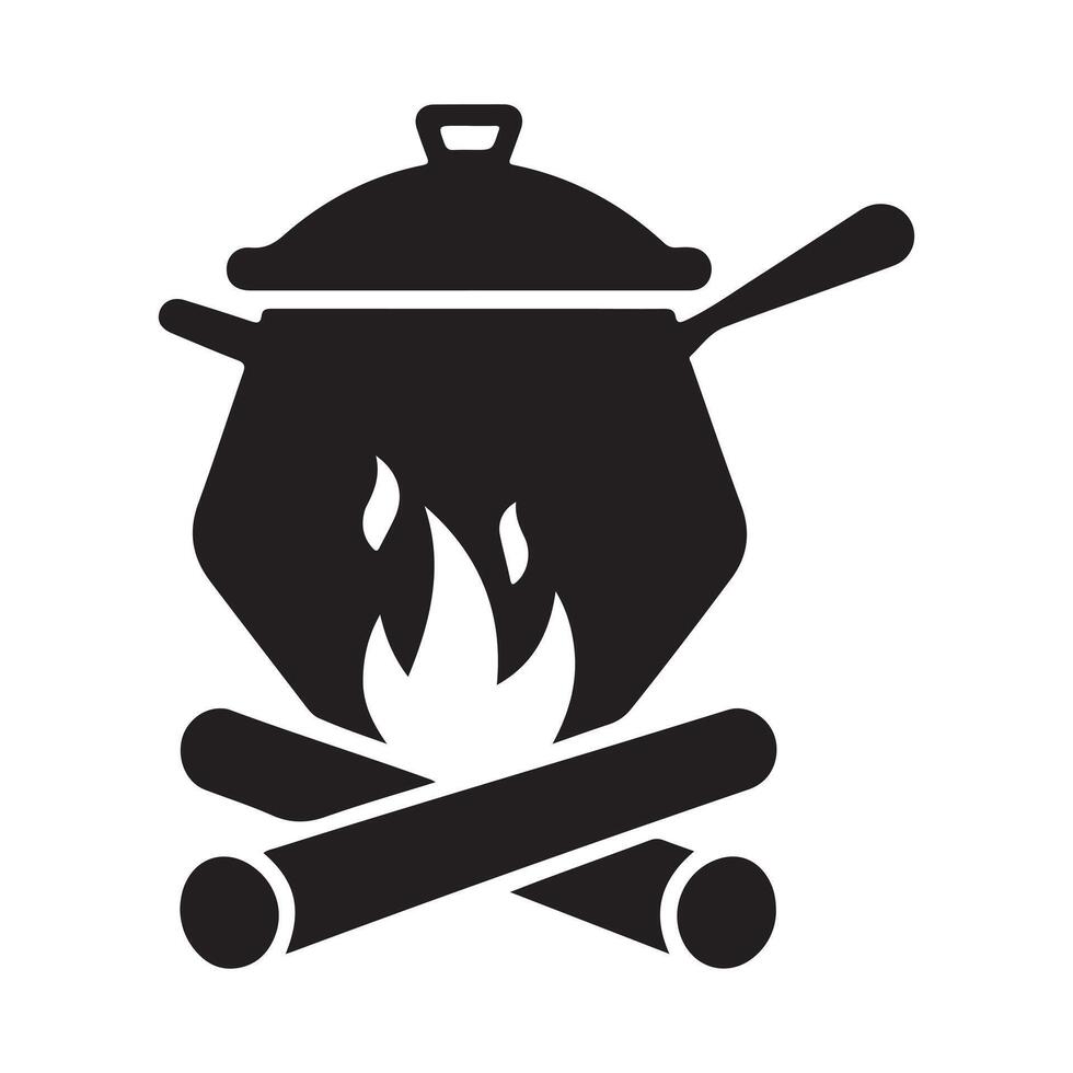 Cooking Pot Over Campfire Silhouette Icons set. vector