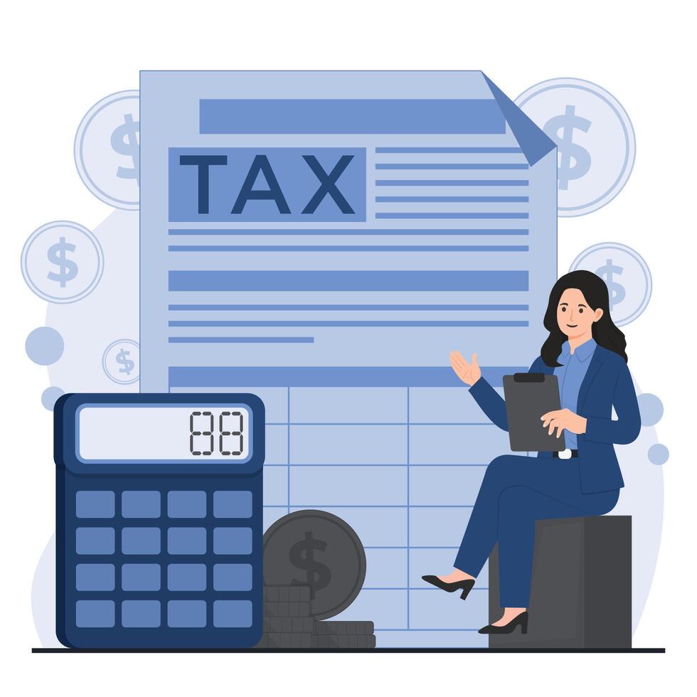 Tax payment concept. Businesswoman sitting at the table with a calculator, tax document and money. vector