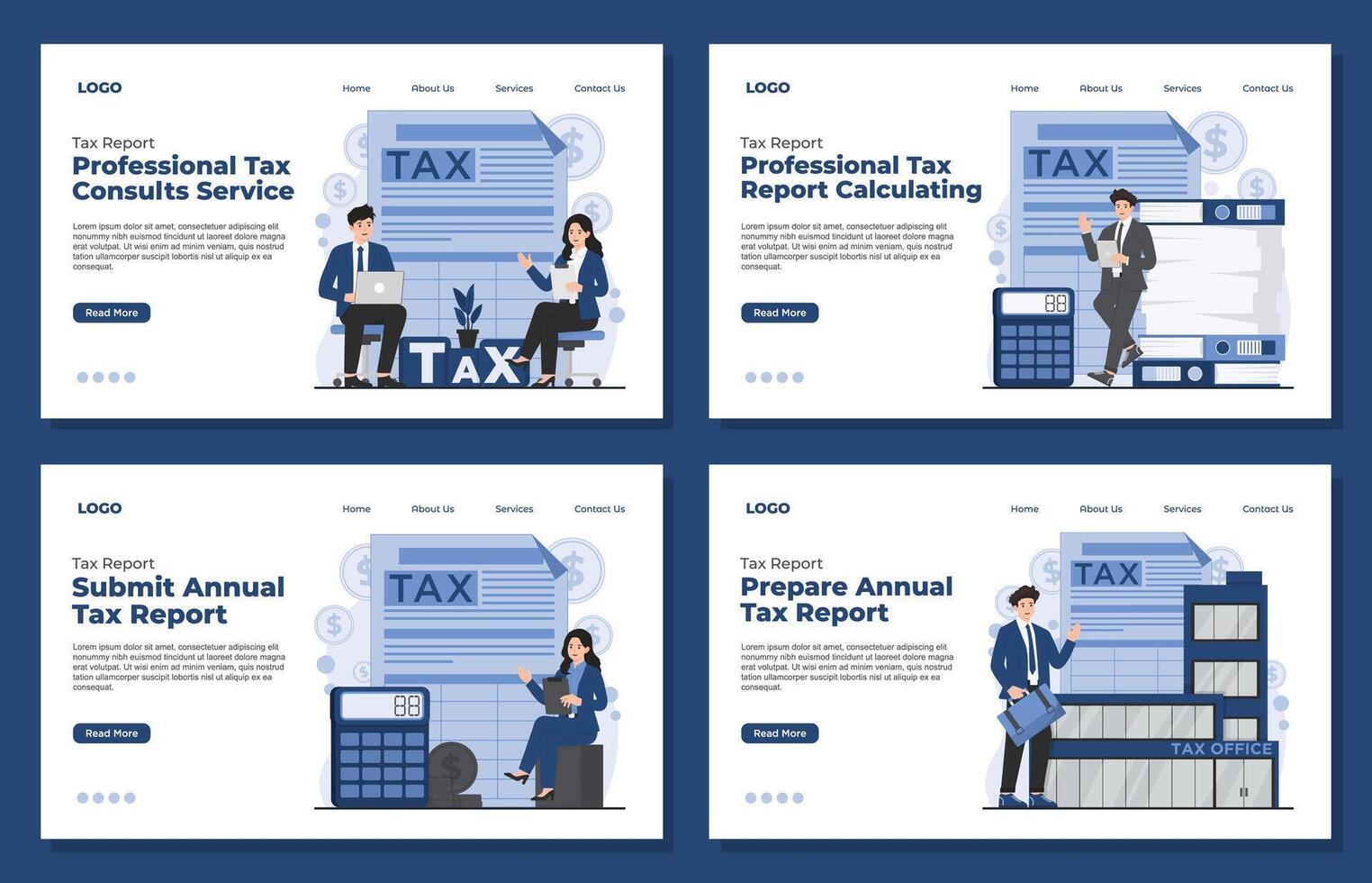 landing page template tax reports concept calculator coin financial analysis annual tax calculation online filing consultation vector