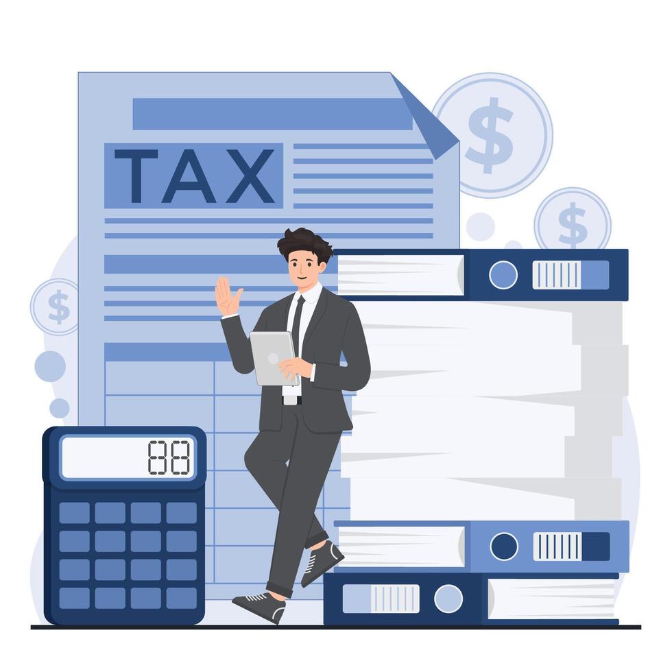 Tax time concept. illustration in flat style. Businessman with documents, calculator and money. vector