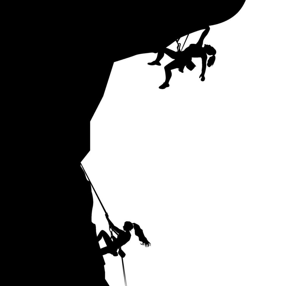 Climbing black silhouette, climbers climbs on rock cliff, endurance athlete and mountaineer, trekking and scaling, climb balance, travel movement vector