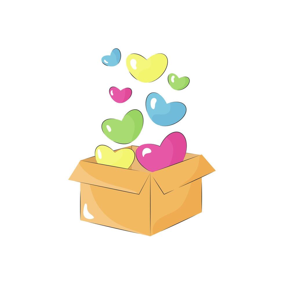 Open box with flying hearts. Open cardboard box with colorful hearts isolated on white. Love concept. Design for valentine's day. vector