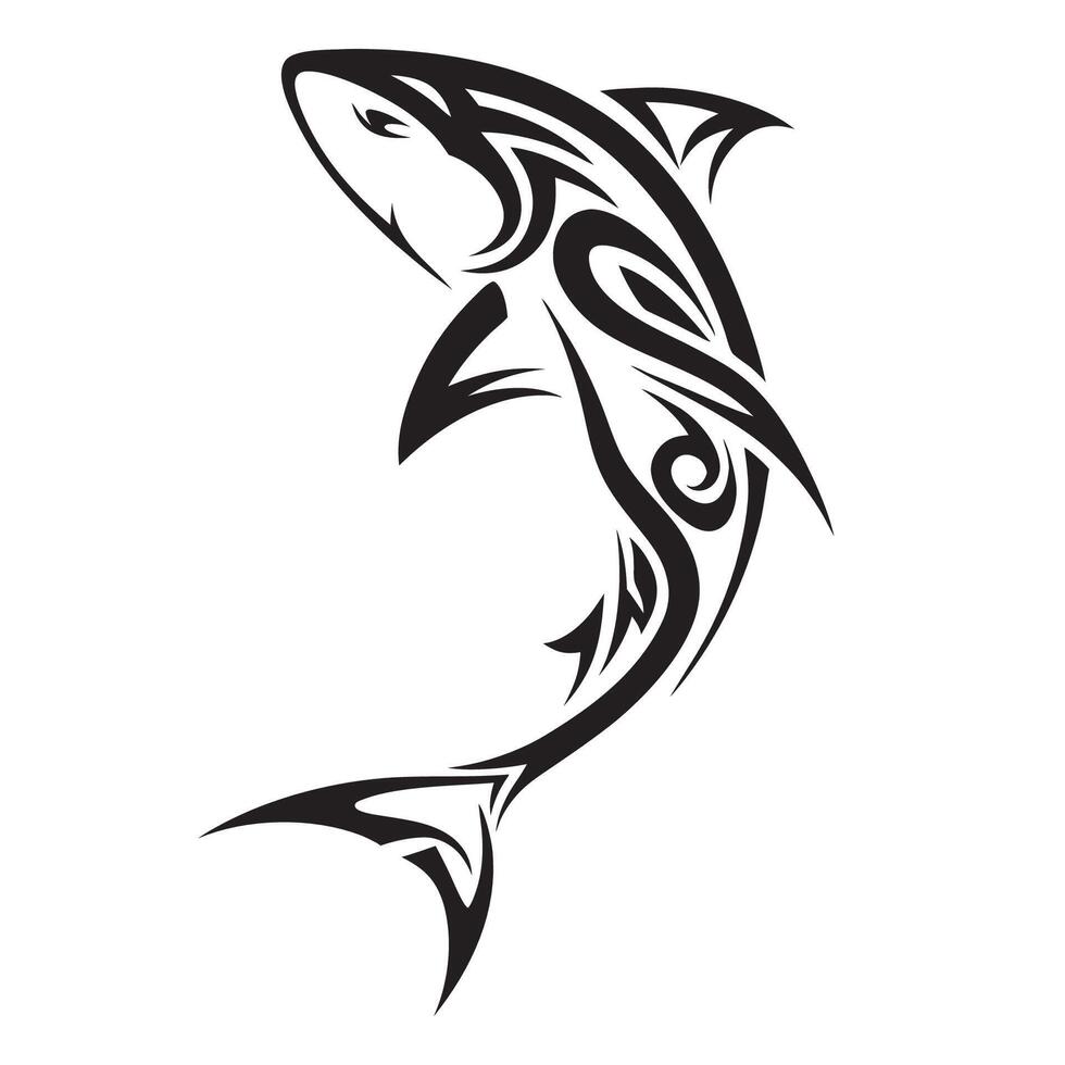Black and White Shark Tattoo in Polynesian Style with Traditional Warrior Tattoo Concept vector