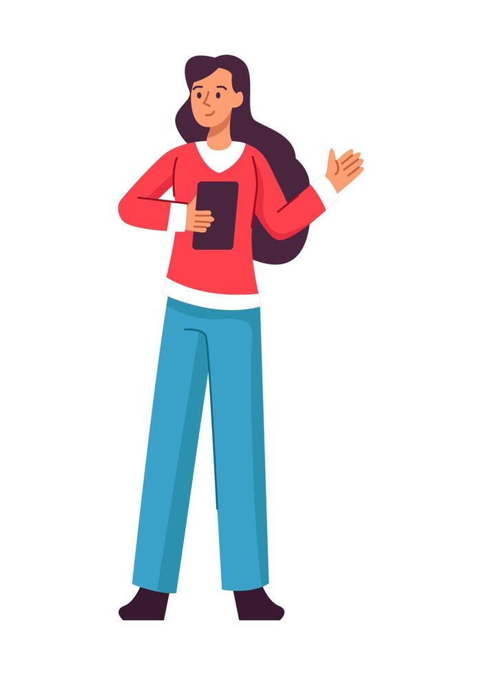 A Professional Woman Holding a Tablet While Engaging in a Thoughtful Gesture of Communication vector