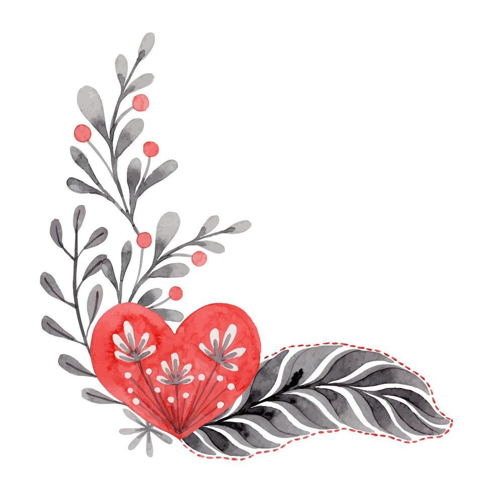 Corner composition with heart and twig in folk style. Stylized illustration in red and gray colors for wedding invitation creating. Hand drawn arrangement is perfect for romantic and love designs. vector