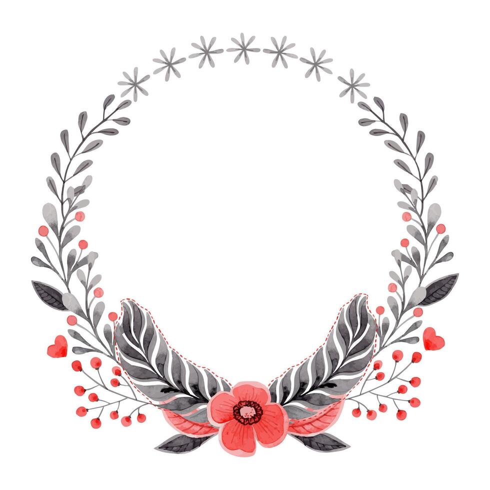 Round wreath with flower and feather in folk style. Stylized illustration in red and gray colors for wedding invitations creating. Hand drawn composition is perfect for romantic and love design. vector