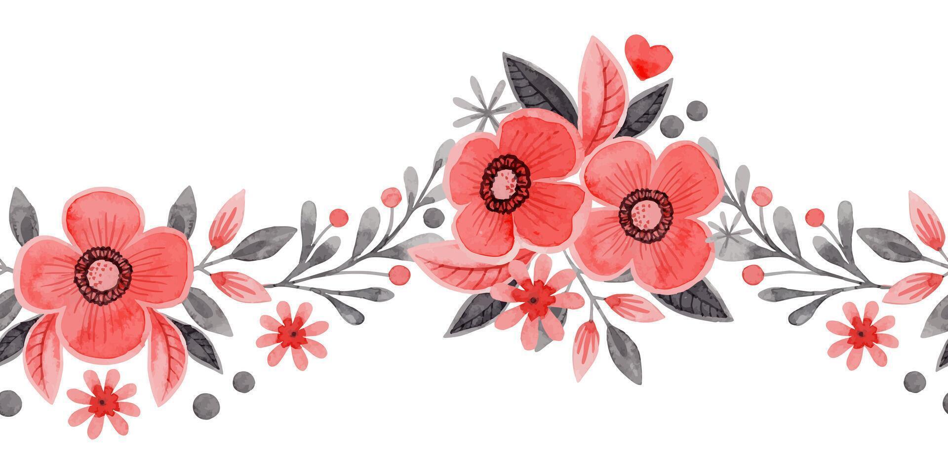 Seamless border with flower and leaves in folk style. Stylized illustration in red and gray color for wedding invitation creating. Hand drawn composition is perfect for romantic and love designs. vector