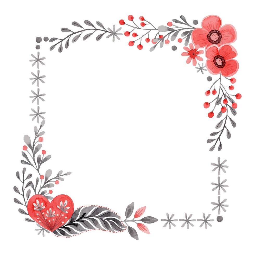 Square wreath with flower and heart in folk style. Stylized illustration in red and gray colors for wedding invitations creating. Hand drawn composition is perfect for romantic and love design. vector