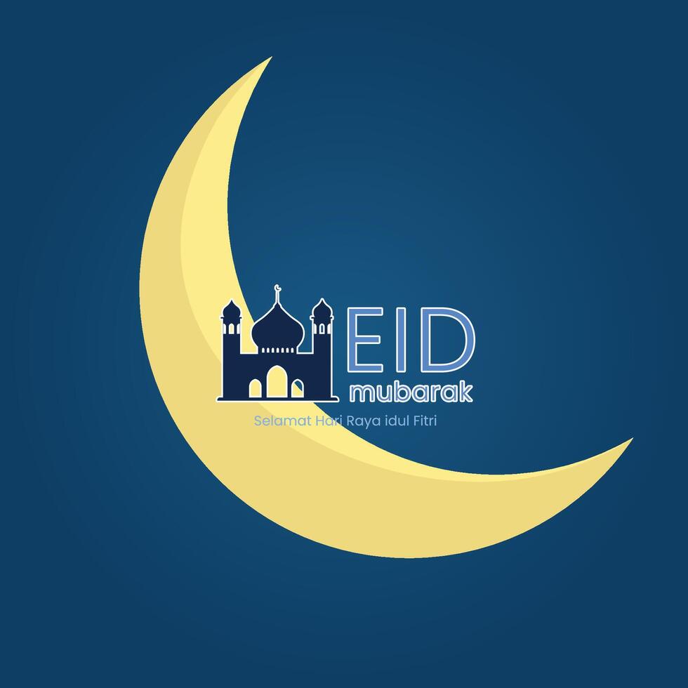 Eid Mubarak Greeting Card with Crescent Moon and Mosque Silhouette for Idul Fitri Celebration vector