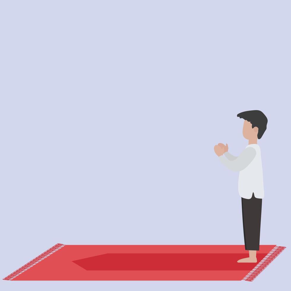 Muslim Man Praying on Red Prayer Mat in Minimalist Room vector