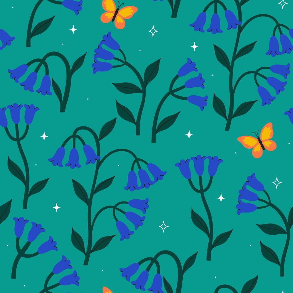 Seamless pattern with blue bell flowers and butterflies. graphics. vector