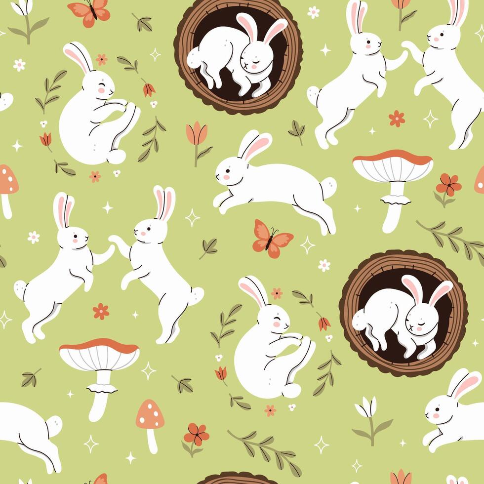 Seamless pattern with cute forest white rabbits. graphics. vector