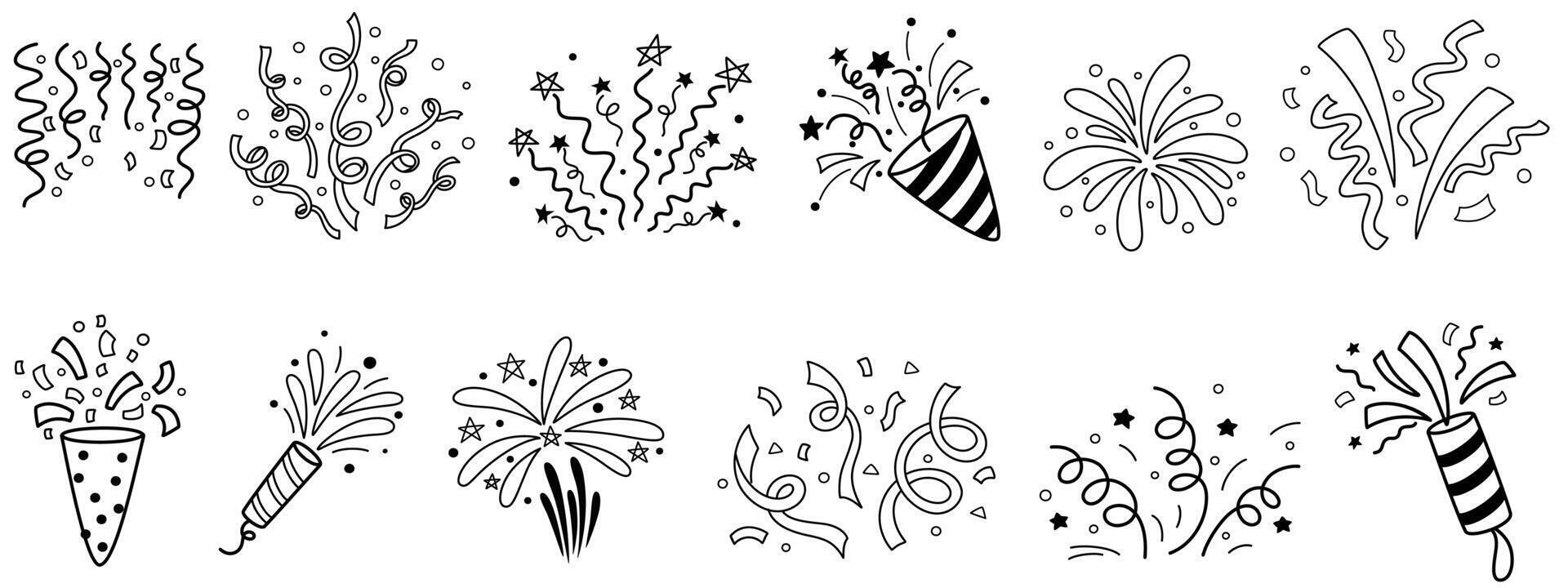 Doodle fireworks with confetti, stars and sparks. Lightning, explosion, sunburst, fireworks, bling, motion effects. Hand draw line elements for birthday, anniversary, Christmas, party and invitation vector