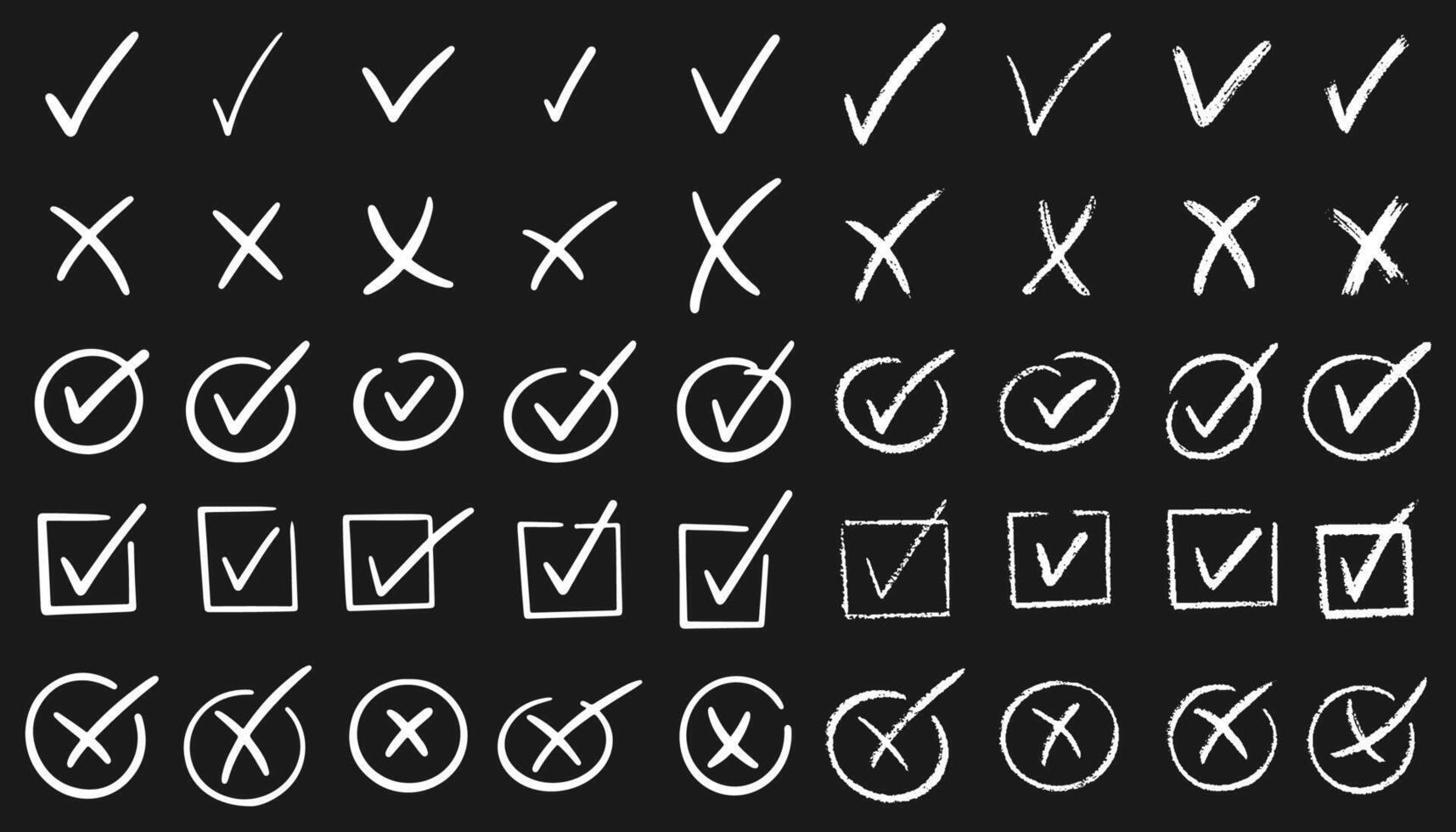 Check marks doodle set. Vote, yes, no, checkbox, checklist, tick and cross signs, v and x drawn concept. Hand drawn crayon sketch style illustration vector