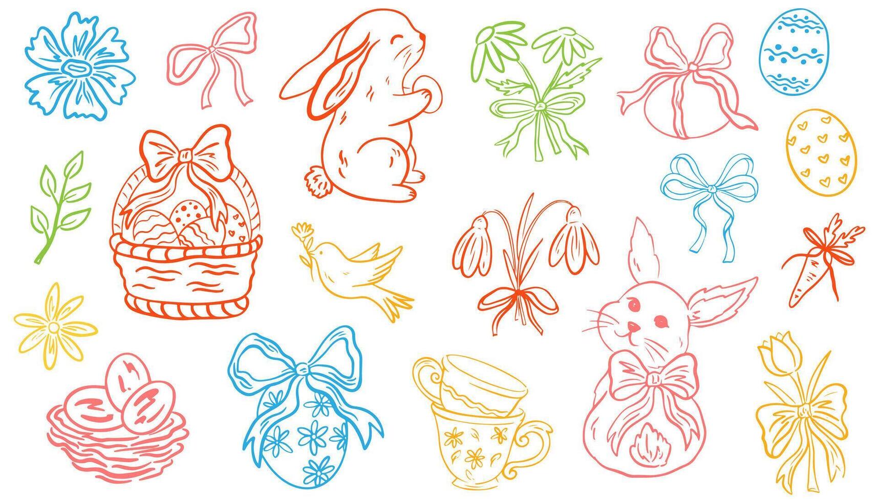 Set of doodle hand drawn elements for Easter in coquette style. Cute bunnies, bows and ribbons, flowers and leaves, basket, eggs. Vintage girly decoration. Whimsical illustrations vector