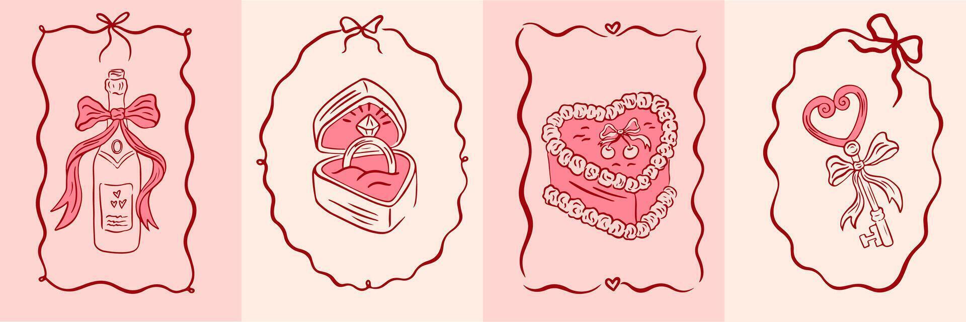 Vintage greeting cards for Valentine's Day in coquette style. Hand drawn whimsical frames with elegant bows and ribbons. Template for poster, banner, wedding invitation, birthday card. illustration. vector