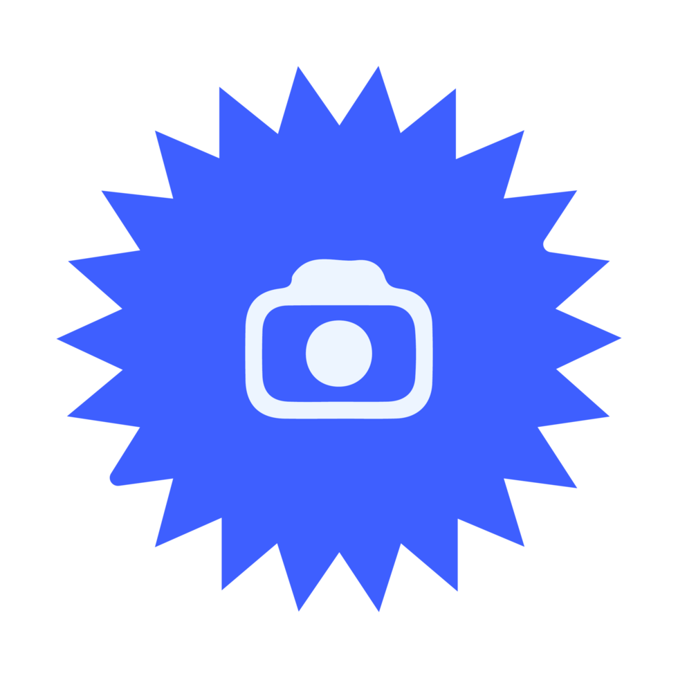 A blue starburst icon with a camera in the center flat png
