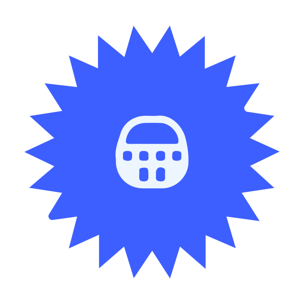 A blue starburst icon with a blue and white button flat png