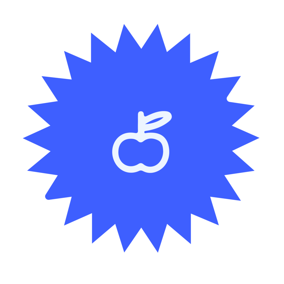 A blue starburst icon with an apple in it png