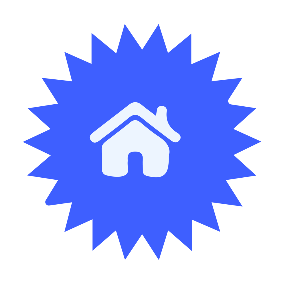 A blue starburst icon with a house inside flat png
