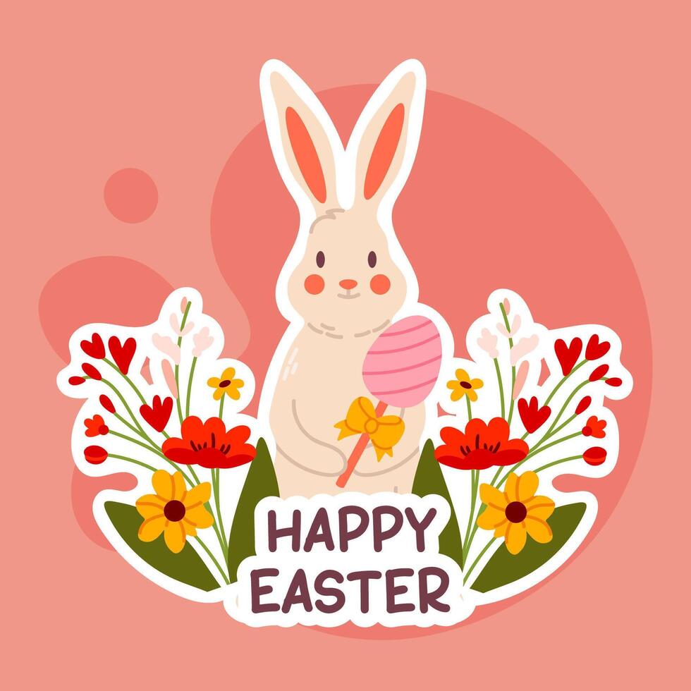 A cute Easter bunny holding an egg, surrounded by colorful flowers on a red background. Perfect for greeting cards, social media, and festive designs. vector