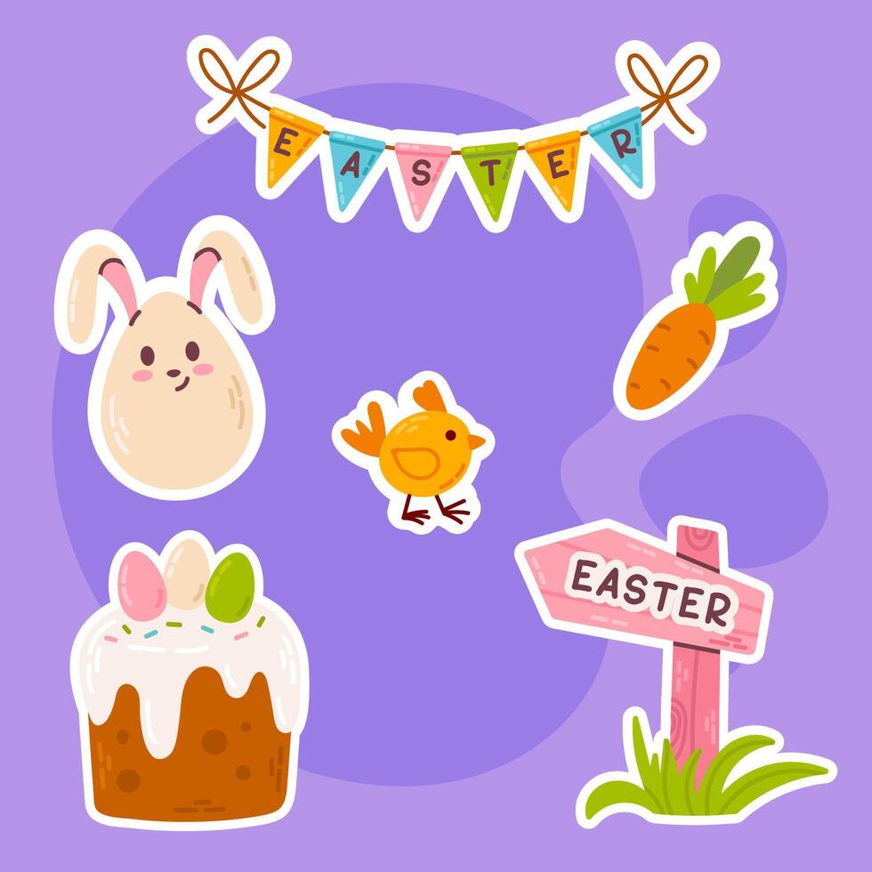 A colorful Easter sticker set featuring a bunny, festive cake, chick, carrot, and an Easter signpost on a purple background. Perfect for holiday designs, greeting cards, and decorations. vector